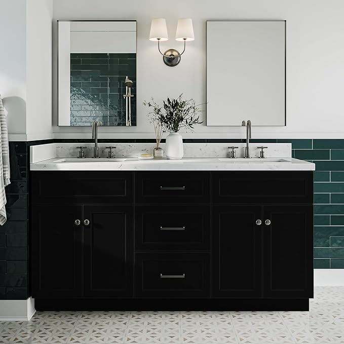 ARIEL Hamlet 66-inch Bathroom Vanity with Sink,Solid Wood, 1.5-inch Carrara White Quartz Countertop & Backsplash, Double Rectangular Porcelain Sink, 4 Soft Closing Doors, 3 Dovetail Drawers, Black