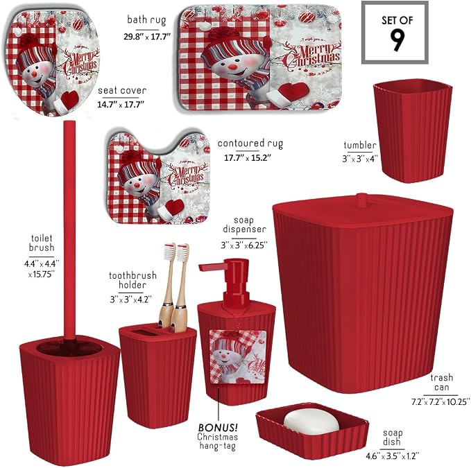 Clara Clark Bathroom Set - Christmas Bathroom Decor, Xmas Bathroom Accessories Set, 9PC Bathroom Accessory Set, Christmas Bathroom Sets with Bathroom Rugs, Toilet Brush, Trash Can & Soap Dispenser