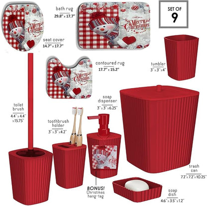 Clara Clark Bathroom Set - Christmas Bathroom Decor, Xmas Bathroom Accessories Set, 9PC Bathroom Accessory Set, Christmas Bathroom Sets with Bathroom Rugs, Toilet Brush, Trash Can & Soap Dispenser