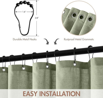MIULEE Sage Green Scalloped Linen Shower Curtain 72W x 72L | 12 metal hooks, Linen scalloped, waterproof washable, thick heavy cloth, black border, boho farmhouse, bathroom hotel use