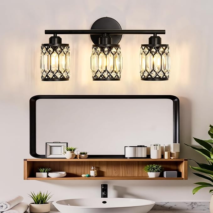 CVKASH 3 Light Bathroom Vanity Light Fixture Over Mirror Black Vintage Vanity Lights with Glass Shade Farmhouse Wall Sceonce for Bedroom Dressing Room Living Room Hallway Cabinet