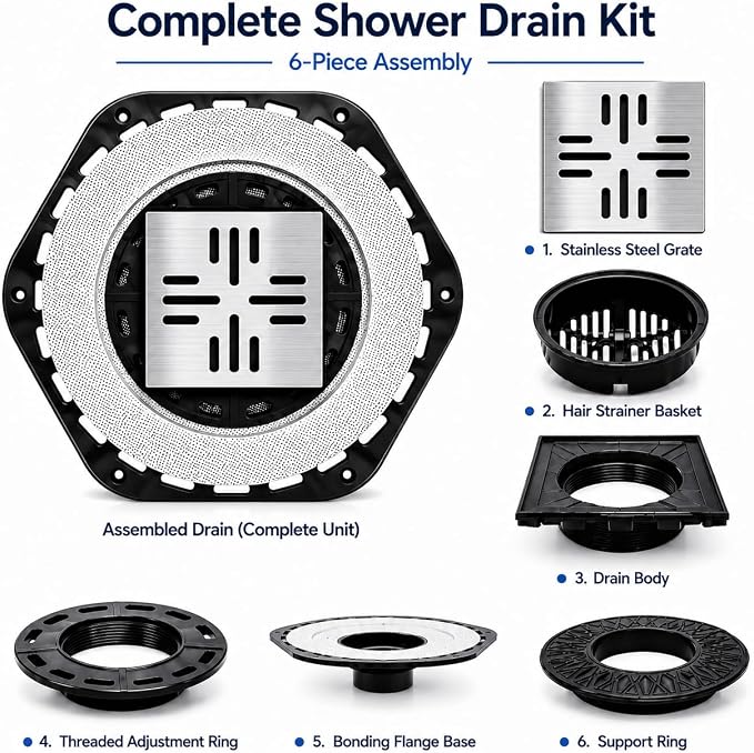 4-Inch Square Shower Drain Kit with Bonding Flange, Brushed Silver | Removable 304 stainless steel grate with hair strainer; fits 2- and 3-inch pipes for tiled shower floors and wet areas