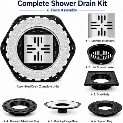 4-Inch Square Shower Drain Kit with Bonding Flange, Brushed Silver | Removable 304 stainless steel grate with hair strainer; fits 2- and 3-inch pipes for tiled shower floors and wet areas