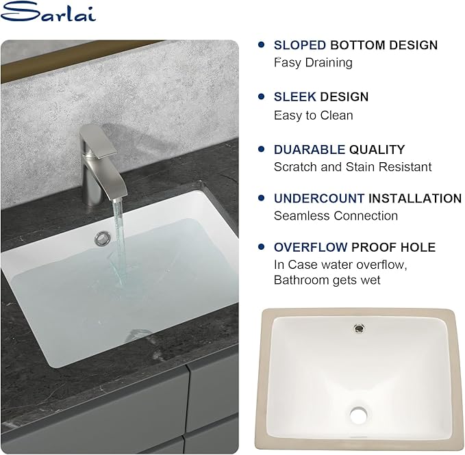 Sarlai Undermount Bathroom Sink Rectangular - 20 x 15 Inch Bathroom Sink Rectrangle Undermount Pure White Porcelain Ceramic Lavatory Vanity Vessel Sink