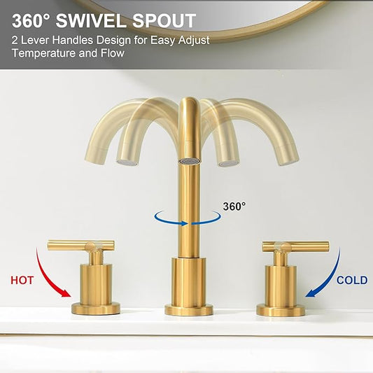 Brushed Gold Bathroom Faucet 3 Hole, 8 Inch Widespread Bathroom Sink Faucets 2 Handle Lavatory Faucet Gold Vanity Faucet with Pop-Up Drain & cUPC Faucet Supply Lines