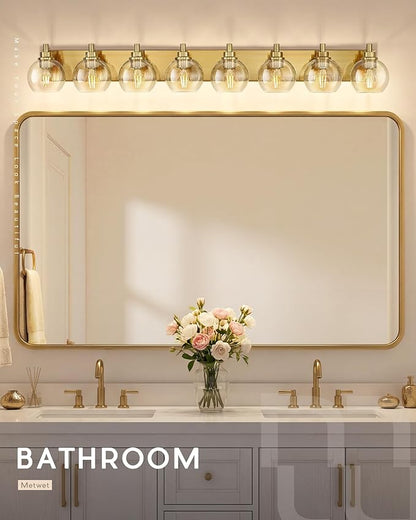 Bathroom Light Fixtures, 8 Light Brushed Gold Vanity Light, 52 Inch Modern Wall Sconces with Globe Clear Glass Shade, Vanity Lighting Fixtures Over Mirror, VL195-BG-8