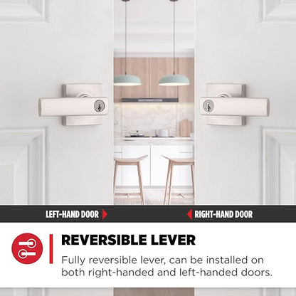 Kwikset Breton Entry Door Handle with Lock and Key, Secure Keyed Reversible Lever Exterior, For Front Entrance and Bedrooms, Satin Nickel , Pick Resistant Smartkey Rekey Security and Microban