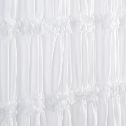 Cute White Ruffle Shower Curtain Vintage Farmhouse Linen 72" W x 90" H | Linen Blend Fabric, Ruffle Bow and Ruffled Hem，Linen Texture，Machine Washable，12 Metal Holes and Plastic Hooks