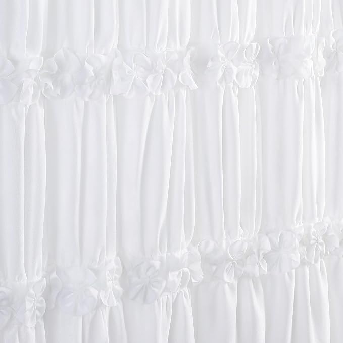 Cute White Ruffle Shower Curtain Vintage Farmhouse Linen 72" W x 78" H | Linen Blend Fabric, Ruffle Bow and Ruffled Hem，Linen Texture，Machine Washable，12 Metal Holes and Plastic Hooks