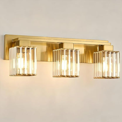 Brushed Gold Bathroom Light Fixtures, 3-Light Vanity Light Over Mirror | Wall Sconces with Square Crystal Shades, E26 Socket, Modern Vanity Lights for Bathroom (Bulbs Not Included)
