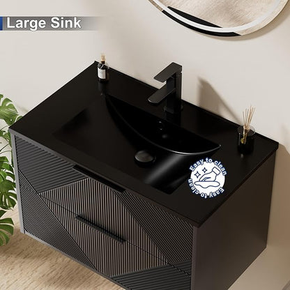 LUCKWIND 30" Floating Bathroom Vanity with Black Sink Combo, Wall Mounted Floating Cabinet with 2 Large Soft-Close Drawers & Water Saving Faucet, Geometric Textured Design in Black