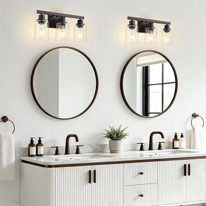 3 Light Bathroom Vanity Light,Oil Rubbed Bronze Vanity Lights 17" | Bronze Bathroom Light Fixtures over Mirror,with Clear Glass,Modern Wall Sconces for Bathroom,E26 Base