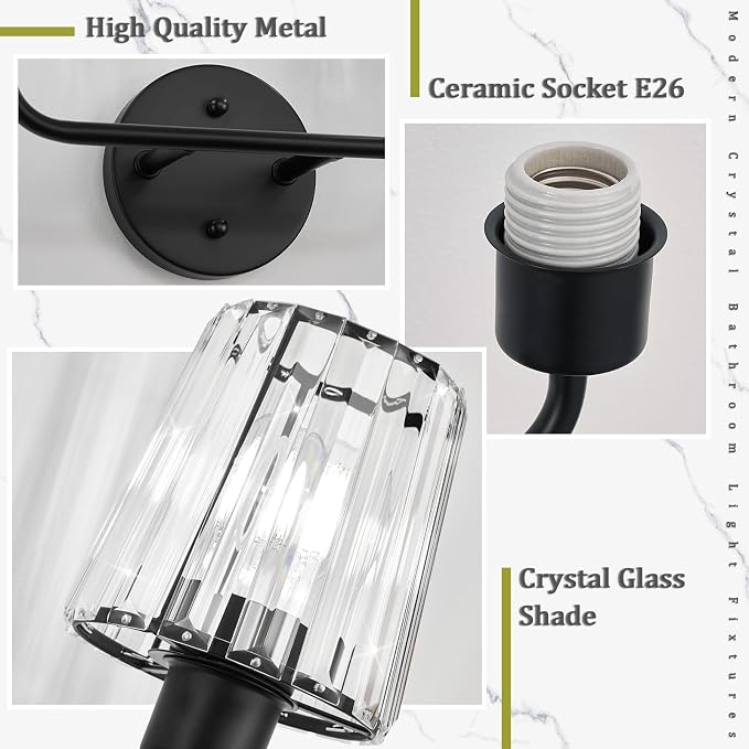 2-Light Crystal Vanity Light Fixtures, Black Bathroom Vanity Light