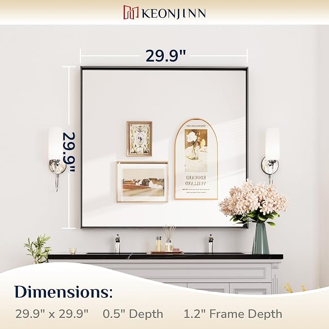 Keonjinn 30x30 Inch Matte Black Bathroom Mirror for Over Sink, Square | HD Tempered Glass, Vanity Mirror, Brushed Framed, Square Corner, Modern Farmhouse, Wall Mounted Mirrors, Aluminum Alloy
