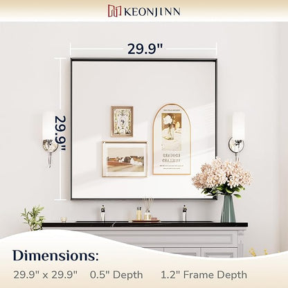 Keonjinn 30x30 Inch Matte Black Bathroom Mirror for Over Sink, Square | HD Tempered Glass, Vanity Mirror, Brushed Framed, Square Corner, Modern Farmhouse, Wall Mounted Mirrors, Aluminum Alloy