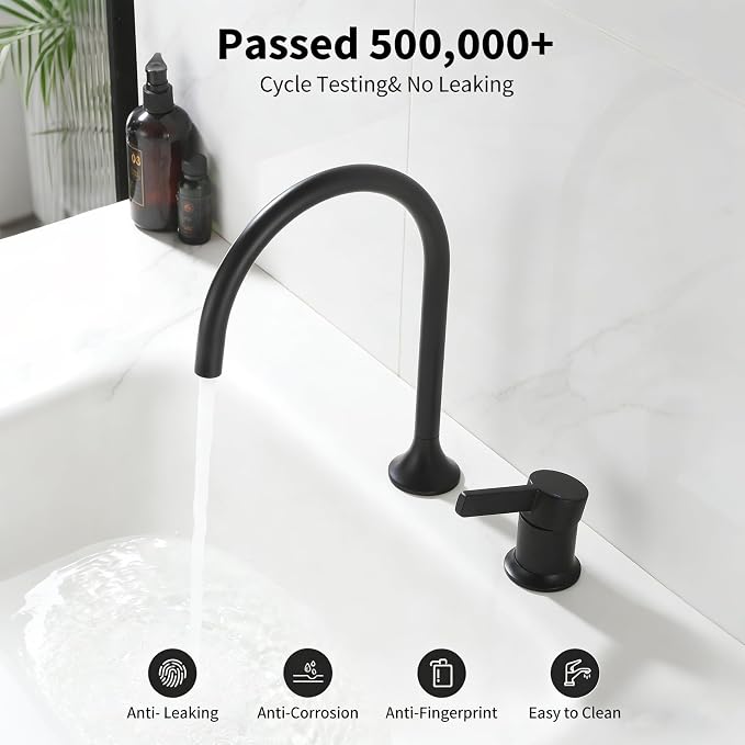Bathroom Faucets Matte Black,Single Handle Brass Widespread Basin Faucet for Sink,High Arc Gooseneck Bathroom Sink Faucet 2 Hole,Vanity Vessel Sink Faucet Mixer Tap