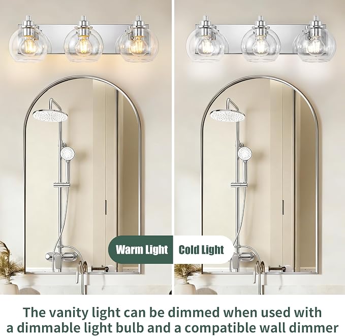 3 Light Bathroom Light Fixtures-Chrome Bathroom Vanity Lights, Modern Vanity Lights 3-Light Bathroom Lighting Fixtures Over Mirror with Clear Glass Globe Shade