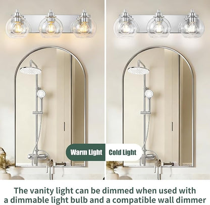 3 Light Bathroom Light Fixtures-Chrome Bathroom Vanity Lights, Modern Vanity Lights 3-Light Bathroom Lighting Fixtures Over Mirror with Clear Glass Globe Shade