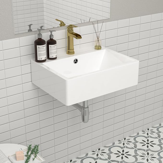 Mocoloo 21"x16" Wall Mounted Bathroom Sink White Rectangle Porcelain ADA Compliant Ceramic Bathroom Sinks Floating Vanity Sink for Lavatory Room Basin