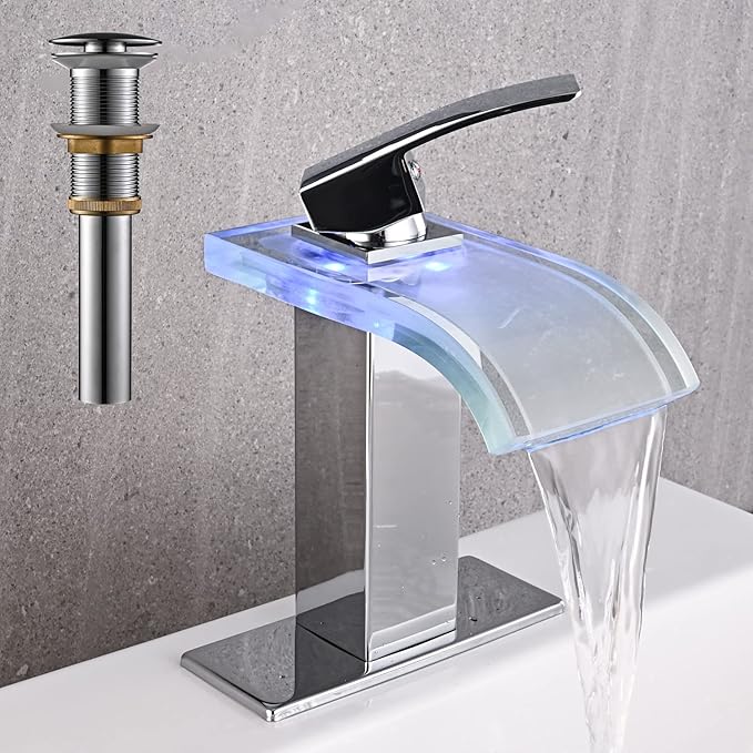 LED Bathroom Sink Faucet, Chrome Waterfall Single Hole Handle Vanity Faucets for Sinks 1 Hole with Metal Pop Up Drain and 2 Water Supply Lines, Wide Glass Spout