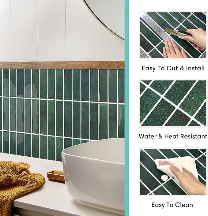 Commomy Green Peel and Stick Tile - 10 Pcs of 12'' x 12'' Vertical 3D Peel and Stick Backsplash for Kitchen and Bathroom Interior Wall Tile(Glossy Surface, Covers 10 sq.ft)