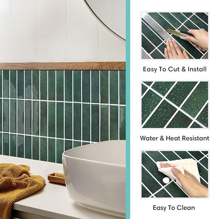 Commomy Green Peel and Stick Tile - 10 Pcs of 12'' x 12'' Vertical 3D Peel and Stick Backsplash for Kitchen and Bathroom Interior Wall Tile(Glossy Surface, Covers 10 sq.ft)