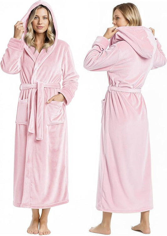 NY Threads Women's Fleece Hooded Bathrobe Plush Long Spa Robe, Medium