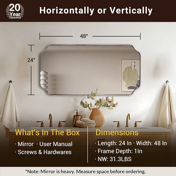 24x48 Inch Bathroom Mirror, Brushed Nickel Rectangle Mirror, Scalloped Mirror for Bathroom Sink, Rust-Poof Stainless Steel Thin Frame, Rounded Notched Corners Design