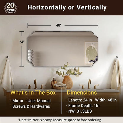 24x48 Inch Bathroom Mirror, Brushed Nickel Rectangle Mirror, Scalloped Mirror for Bathroom Sink, Rust-Poof Stainless Steel Thin Frame, Rounded Notched Corners Design