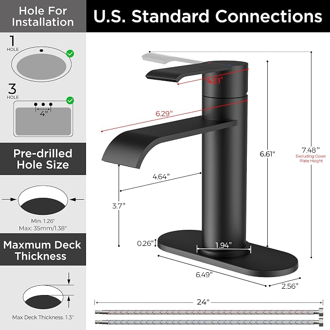 FORIOUS Waterfall Black Bathroom Faucet 1 Hole, one Matte Black Faucet Rv | Single Hole Bathroom Sink Faucet Matte Black, Single Handle Rv Faucet Bathroom for Sink with Deck Plate and Pop-up Drain