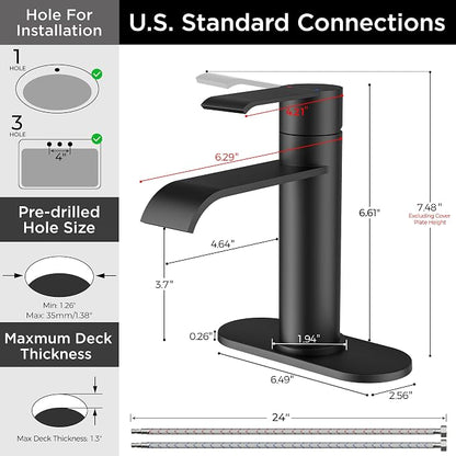FORIOUS Waterfall Black Bathroom Faucet 1 Hole, one Matte Black Faucet Rv | Single Hole Bathroom Sink Faucet Matte Black, Single Handle Rv Faucet Bathroom for Sink with Deck Plate and Pop-up Drain
