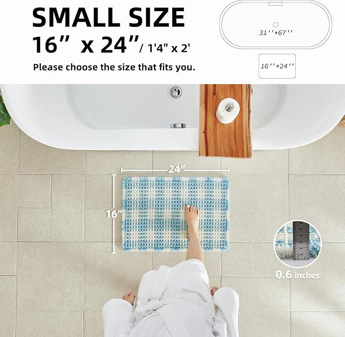 TYUU Waffle Bath Mat, Small Cute Bathroom Rug Non Slip, 24x16 Blue & White | Super Absorbent Quick Dry Bath Rug, Non-Slip Backing, Soft Waffle Washable Farmhouse Bathroom Mats, Tub, Shower & Home Decor