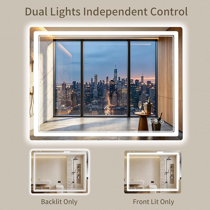 30"x40" LED Bathroom Mirror with Lights, Backlit + Front Lit, Anti-Fog, Lighted Bathroom Mirror for Wall, HD Shatterproof Tempered Glass, Dimmable, Memory Function (Horizontal/Vertical)