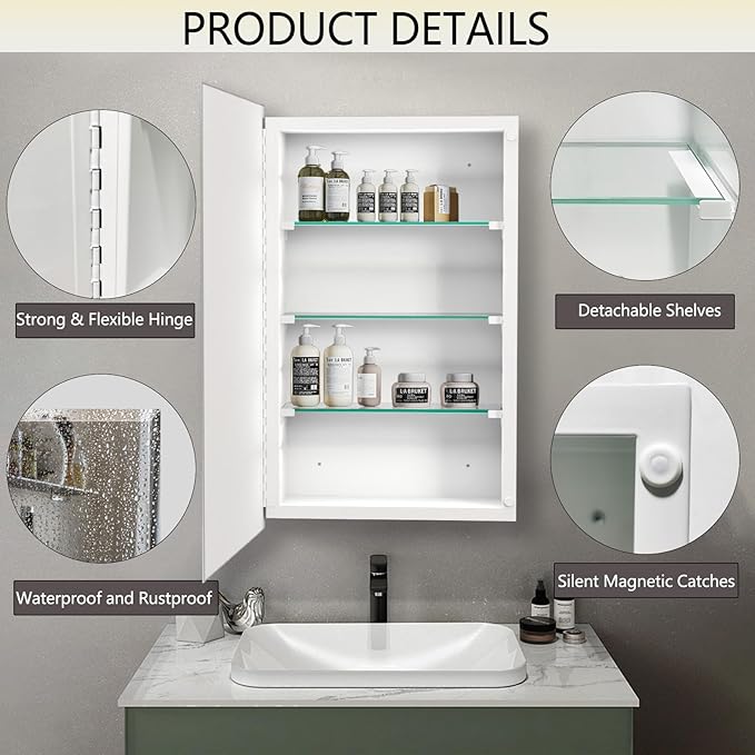 Medicine Cabinet with Beveled Mirror-22x30 inch Rectangular Beveled Frameless Mirror Cabinet, Waterproof Bathroom Storage Cabinet, Removable Shelves, Recessed or Surface Mount