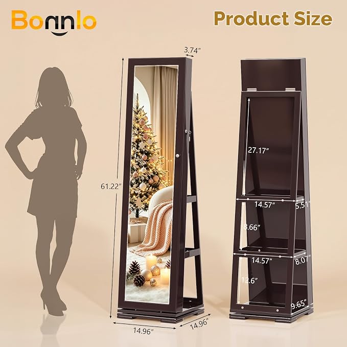 Bonnlo 360° Swivel Jewelry Mirror Cabinet with Inside Makeup Mirror,Full Length Mirror with Jewelry Storage, Lockable Standing Jewelry Armoire Organizer, Espejo Oon Almacenamiento for Bedroom,Brown