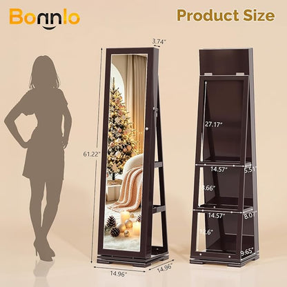 Bonnlo 360° Swivel Jewelry Mirror Cabinet with Inside Makeup Mirror,Full Length Mirror with Jewelry Storage, Lockable Standing Jewelry Armoire Organizer, Espejo Oon Almacenamiento for Bedroom,Brown