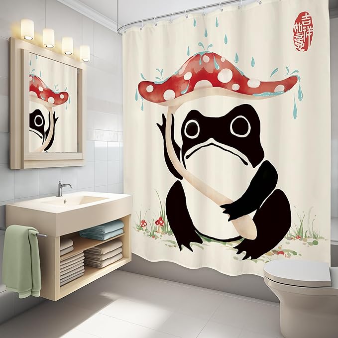 LGhtyro Funny Frog Shower Curtain Bathroom Set 60Wx71H Inches Mushroom Asian Traditional Art Japanese Lovely Hilarious Black Beige Red Bath Accessories Cute Animal Art Home Decor Fabric 12 Pack Hooks