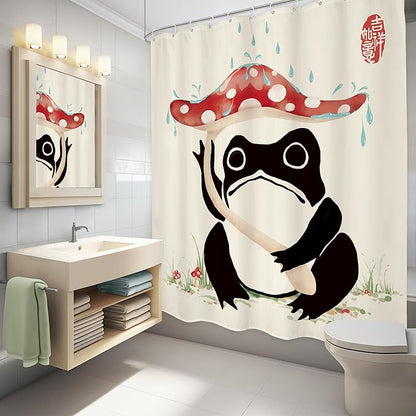 LGhtyro Funny Frog Shower Curtain Bathroom Set 60Wx71H Inches Mushroom Asian Traditional Art Japanese Lovely Hilarious Black Beige Red Bath Accessories Cute Animal Art Home Decor Fabric 12 Pack Hooks