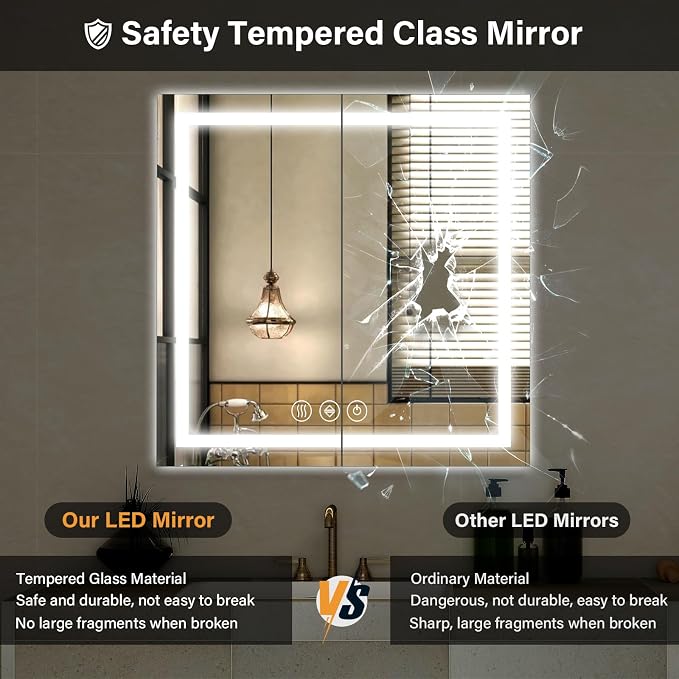 XRAMFY 36"X36"LED Bathroom Mirror, Backlit + Front Lit Wall Mirror | LED Bathroom Mirror with Lights for Wall, 3 Colors, Anti-Fog, Dimmable Brightness, Tempered Glass