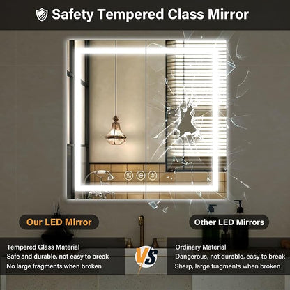 XRAMFY 36"X36"LED Bathroom Mirror, Backlit + Front Lit Wall Mirror | LED Bathroom Mirror with Lights for Wall, 3 Colors, Anti-Fog, Dimmable Brightness, Tempered Glass