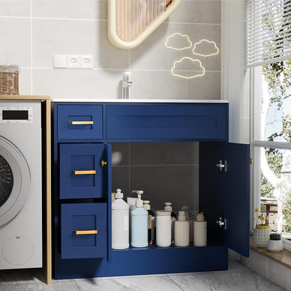 Blue Bathroom Vanity with Sink 36inch | 2 Doors and 3 Drawers | Wood Storage Basin Cabinet with Ceramic Basin for Home and Office