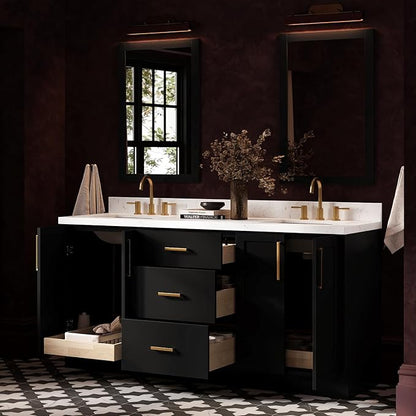 ARIEL Loren 72-inch Bathroom Vanity with Sink,Solid Wood, 1.5-inch Carrara White Quartz Countertop, Double Rectangular Porcelain Sink, 4 Soft Closing Doors, 3 Dovetail Drawers, Black