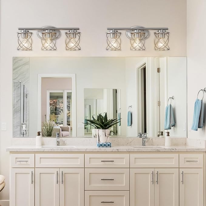 3-Lights Bathroom Vanity Lights, Bathroom Light Fixtures Over Mirror, Brushed Nickel Vanity Light, Farmhouse Wall Lights with Clear Glass Shade, Bathroom Wall Lamp for Mirror Kitchen Bedroom