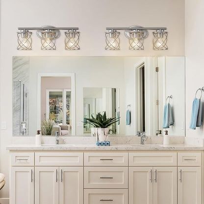 3-Lights Bathroom Vanity Lights, Bathroom Light Fixtures Over Mirror, Brushed Nickel Vanity Light, Farmhouse Wall Lights with Clear Glass Shade, Bathroom Wall Lamp for Mirror Kitchen Bedroom