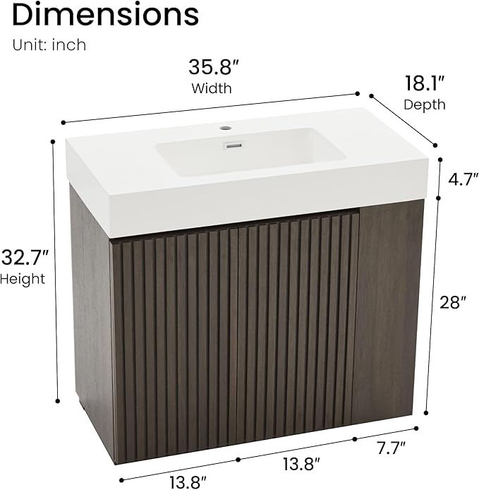 36" Bathroom Vanity with Sink Combo, Mid Century Modern Bathroom Cabinet with Doors & Open Shelf, Glossy White Integrated Sink with Overflow, Dark Grey Oak