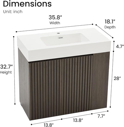 36" Bathroom Vanity with Sink Combo, Mid Century Modern Bathroom Cabinet with Doors & Open Shelf, Glossy White Integrated Sink with Overflow, Dark Grey Oak