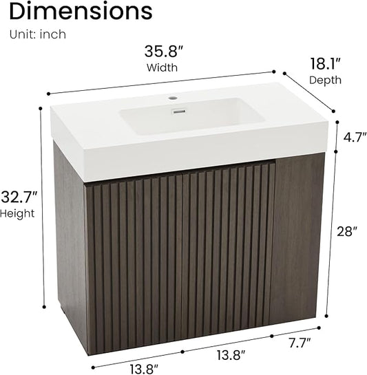 36" Bathroom Vanity with Sink Combo, Mid Century Modern Bathroom Cabinet with Doors & Open Shelf, Glossy White Integrated Sink with Overflow, Dark Grey Oak