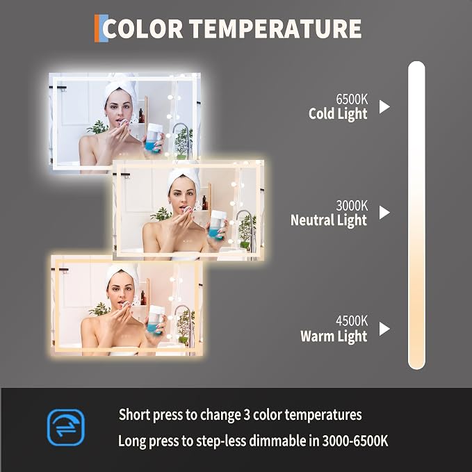 LED Bathroom Mirror 45 x 30 inch, Lighted Bathroom Vanity Mirror with Front Light and Backlit Ambient Light, Frameless Wall Mounted Mirror with Adjustable Color Temperature, 5mm HD Glass