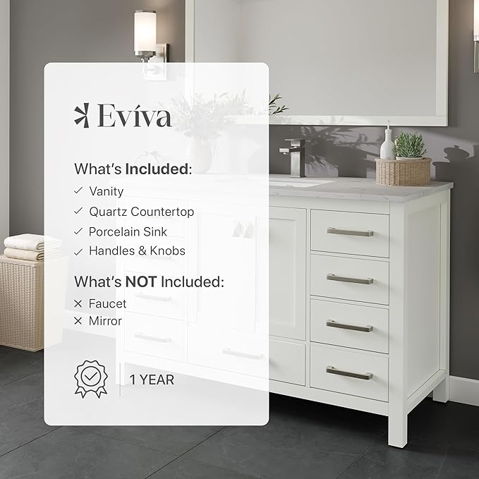 Eviva London 48 Bathroom Vanity with Top, Sink, and Quartz Countertop - Freestanding Single Sink Vanity for Modern Bathrooms