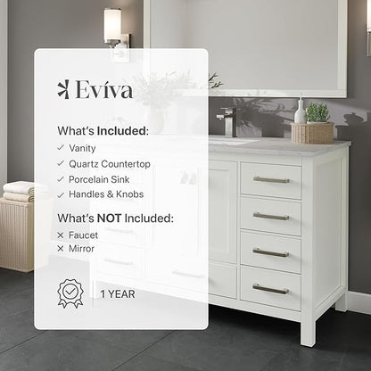 Eviva London 48 Bathroom Vanity with Top, Sink, and Quartz Countertop - Freestanding Single Sink Vanity for Modern Bathrooms
